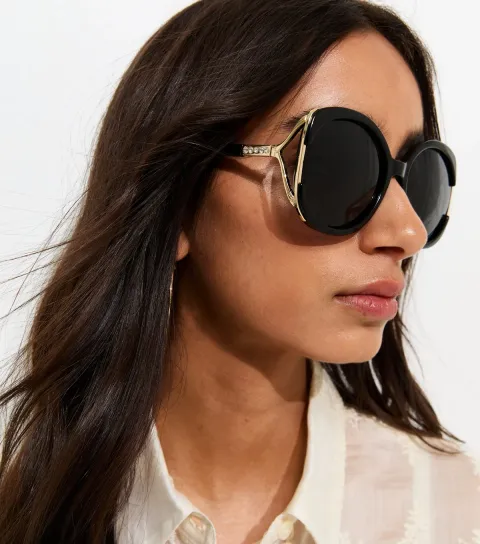 Black Oversized Round Diamante Embellished Sunglasses