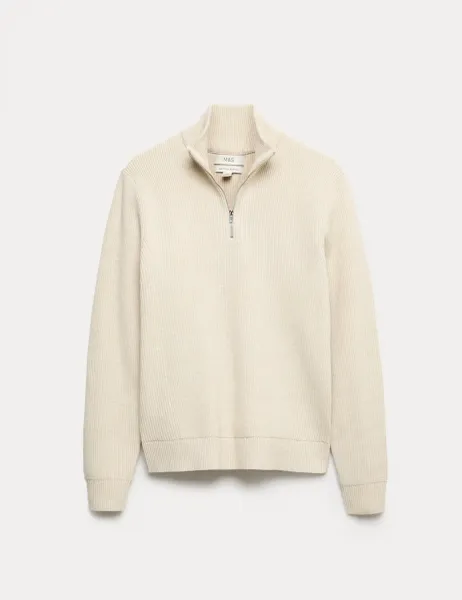 Marks & Spencer Cotton Blend Ribbed Half Zip Jumper Ecru