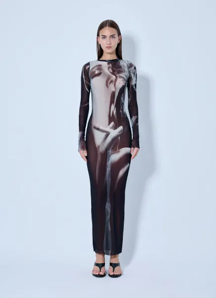Jean Paul Gaultier Mesh Printed Smoking Women Long Dress