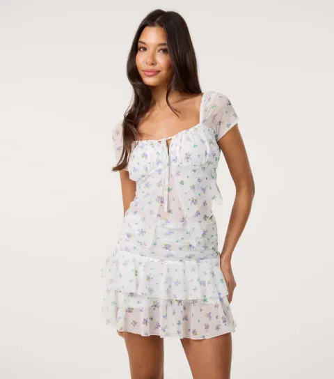 Women's Off White Floral Print Mesh Top