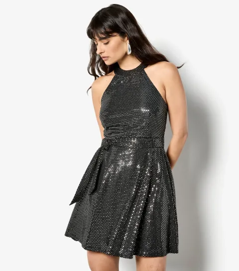 Women's Black Heatseal Halterneck Dress