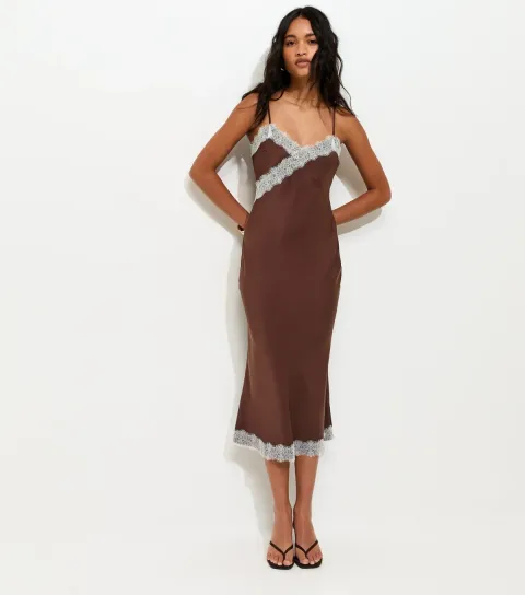 Women's Brown Lace Trimmed Satin Midi Dress