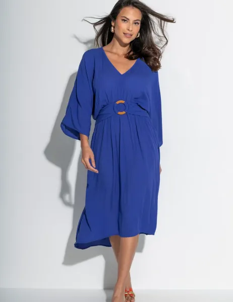 Pour Moi Crinkle Ring Front Midi Kaftan Beach Dress Blue