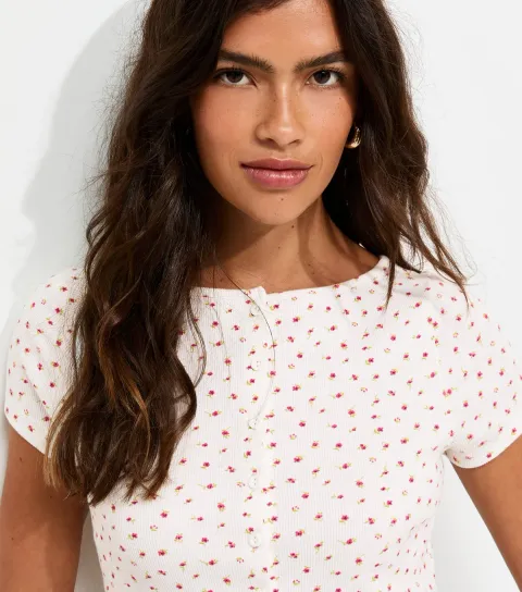 Women's Cream Ditsy Floral Button Through T-Shirt