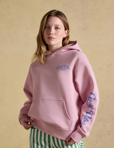 Joules Cotton Rich Beach Print Oversized Hoodie Pink