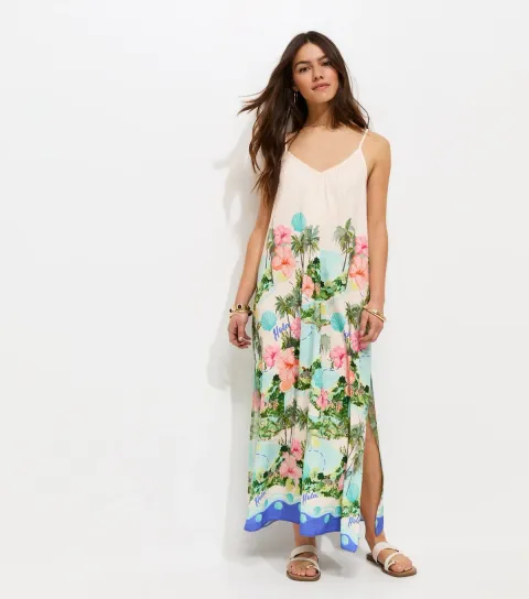 Women's Petite White Tropical Beach Maxi Dress
