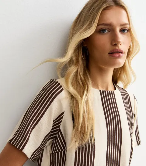 Women's White and Brown Stripe Crew T-Shirt