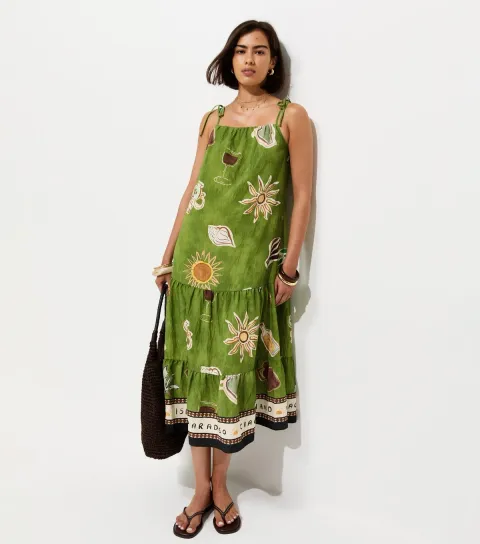Women's Green Border Print Tiered Midi Dress