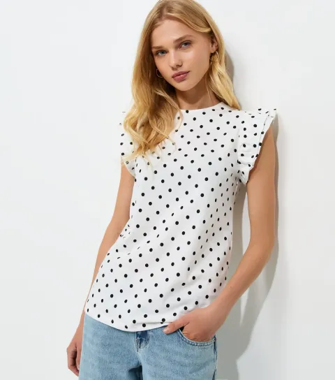 Women's White Cotton Polka Dot Ruffled Sleeve T-Shirt