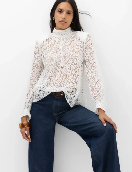 Marks & Spencer Lace High Neck Blouse with Cotton Ivory