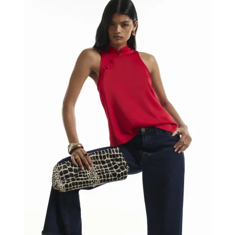 River Island Satin Stand Up Collar Button Top