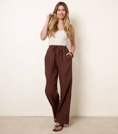 Women's Dark Brown Textured Drawcord Wide Leg Trousers