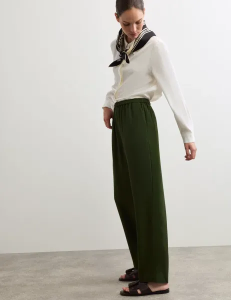 Jaeger Lyocell Rich Elasticated Waist Tapered Trousers Dark Green
