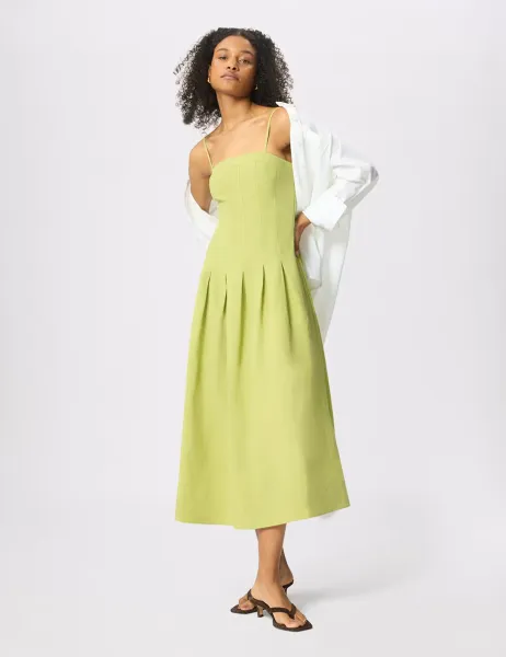Whistles Linen Blend Waisted Midi Dress Green