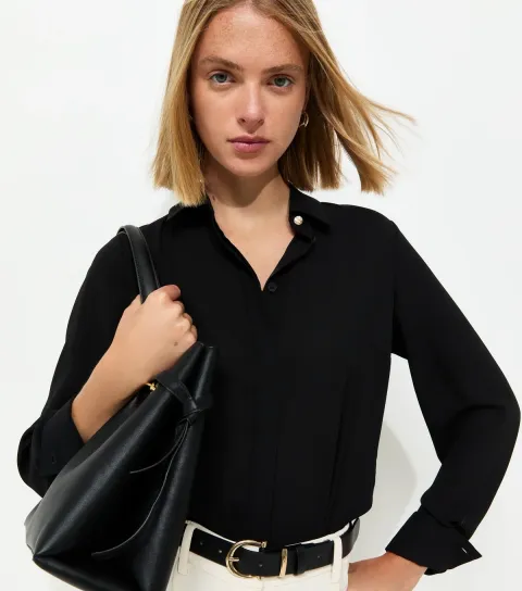 Women's Black Plain Gold Button Shirt