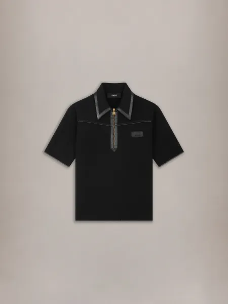 LEATHER TRIM KNIT ZIPPED POLO - Black