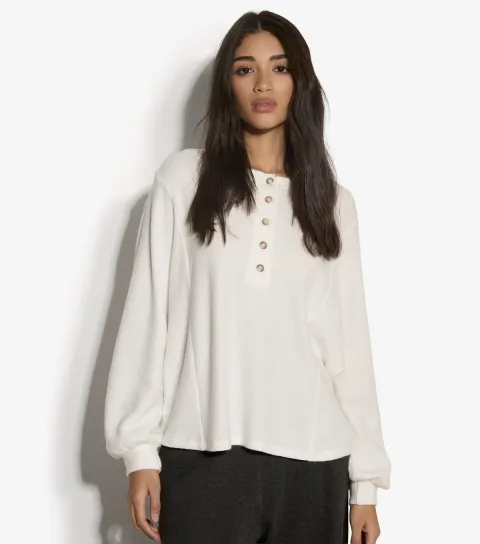 Women's White Jersey Henley Button Front Top