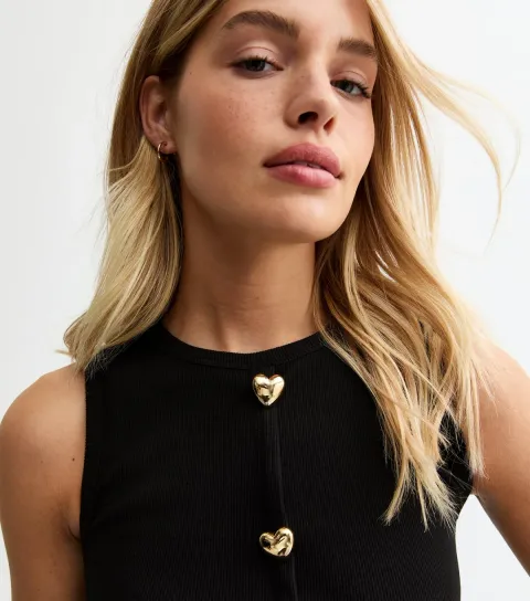 New Look Women's Black Heart Button Ribbed Vest