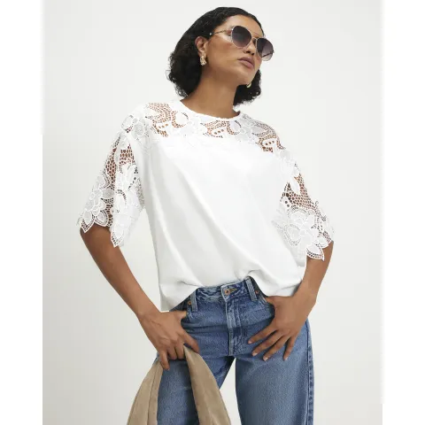 River Island Cotton Cutwork Sleeve T-Shirt