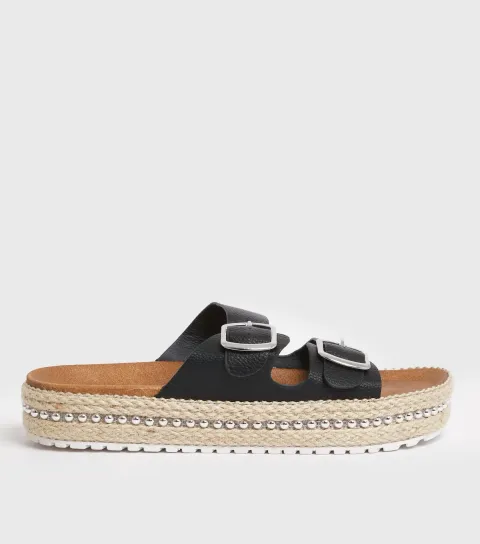 New Look Women's Black Beaded Espadrille Chunky Sliders