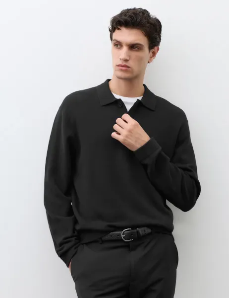 Long Sleeve Knitted Polo Shirt Black