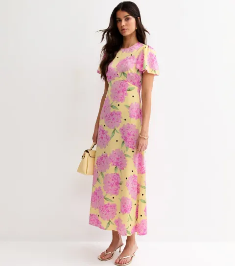 Women's Yellow Floral Short Sleeve Midi Dress