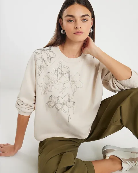 River Island Flower Diamante Embellished Sweatshirt