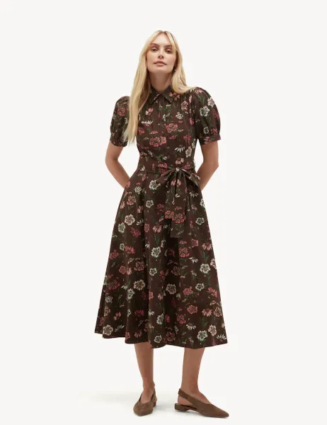 Hobbs Pure Cotton Floral Midi Shirt Dress Brown Mix