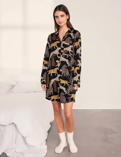 Chelsea Peers Jersey Leopard Print Revere Nightshirt Navy
