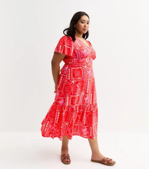 Women's Plus Size Pink Sardine Print Tiered Midi Tea Dress Curves
