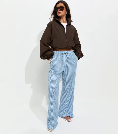 New Look Women's Blue Thin Stripe Crinkle Texture Wide Leg Trousers