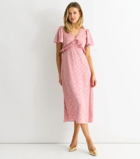 Women's Pink Foil V Neck Midi Dress