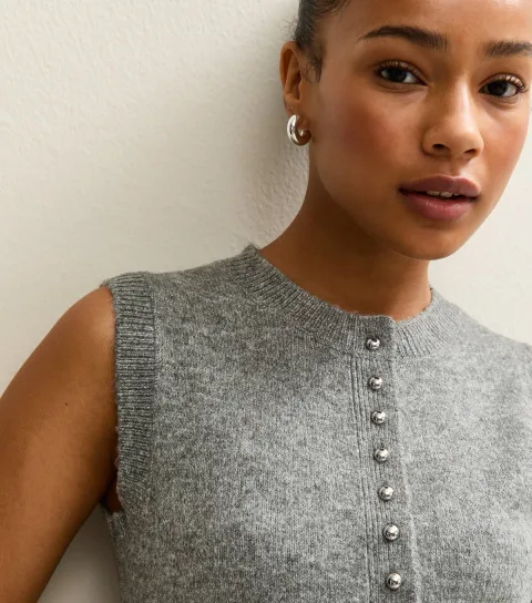 Women's Petite Grey Button Up Knit Waistcoat