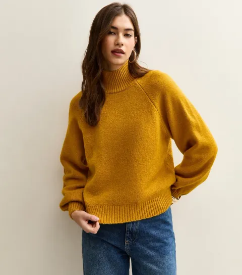 Women's Dark Yellow Stand Neck Raglan Sleeve Jumper