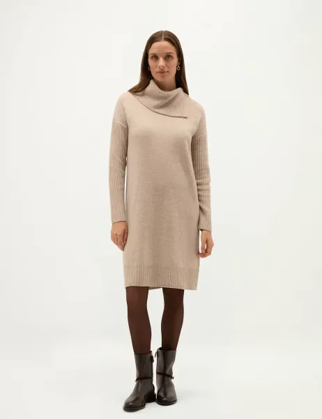 Hobbs Merino Wool Rich Knitted High Neck Dress Brown