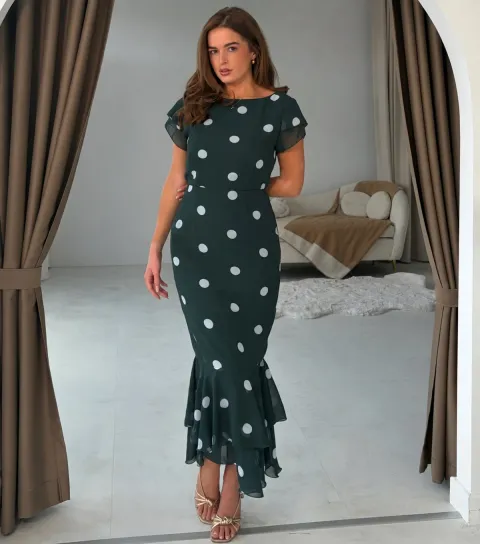 Girl In Mind Women's Dark Green Polka Dot Boat Neck Frill Midi Dress