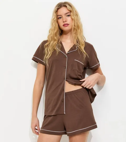 Women's Dark Brown Revere Collar Short Sleeve Top and Shorts Pyjama Set