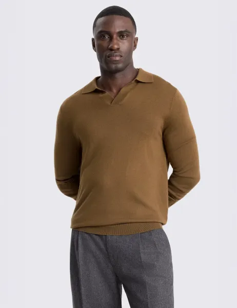 Moss Merino Wool Rich Knitted Polo Shirt Brown