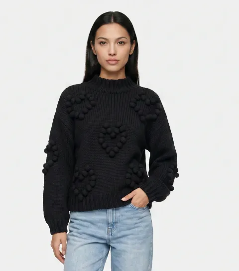 Gini London Women's Black Chunky Knit Heart Pom Pom Embroidery High Neck Jumper