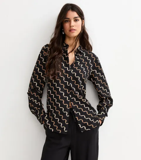 Women's Black and Brown Ribbons Gold Button Shirt