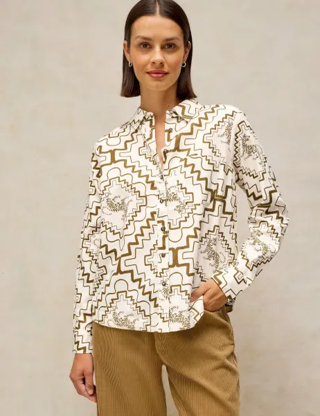 White Stuff Pure Cotton Embroidery Print Shirt White Mix