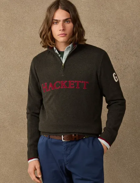 Hackett Pure Merino Wool Half Zip Jumper Khaki