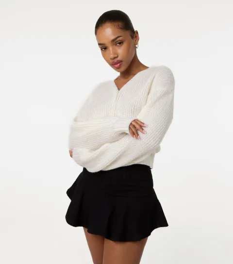 Women's Off White Cropped Button Up Cardigan