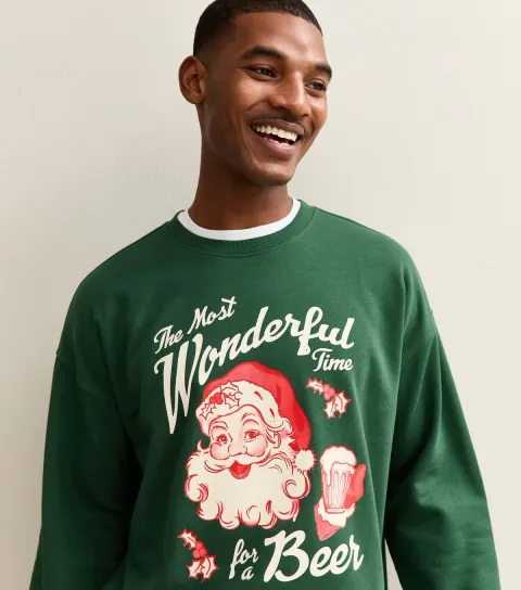 Men's Dark Green Christmas Oversized Santa Print Sweatshirt