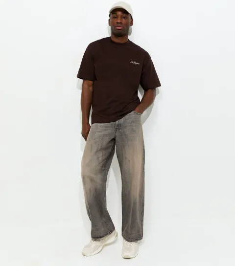 Men's Grey Relaxed Stain Effect Washed Wide Leg Jeans