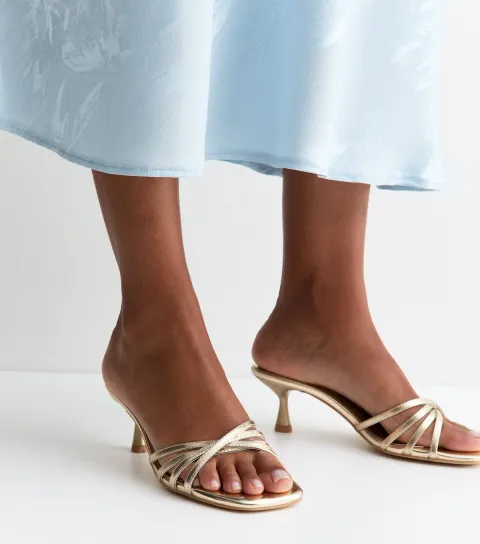 Women's Gold Faux Leather Strappy Kitten Heel Mules Vegan