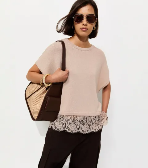 Women's Pink Knit Lace Hem Batwing Top