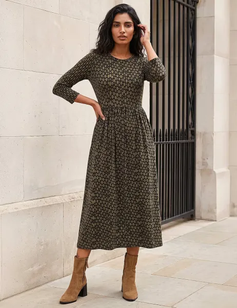 Roman Geometric Round Neck Midi Skater Dress Green