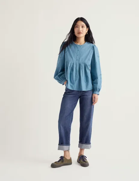 Seasalt Cornwall Pure Cotton Embroidered Relaxed Shirt Blue Mix