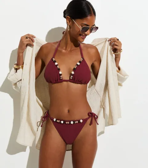 Women's Premium Burgundy Bead Chain Tie Side Bikini Bottoms